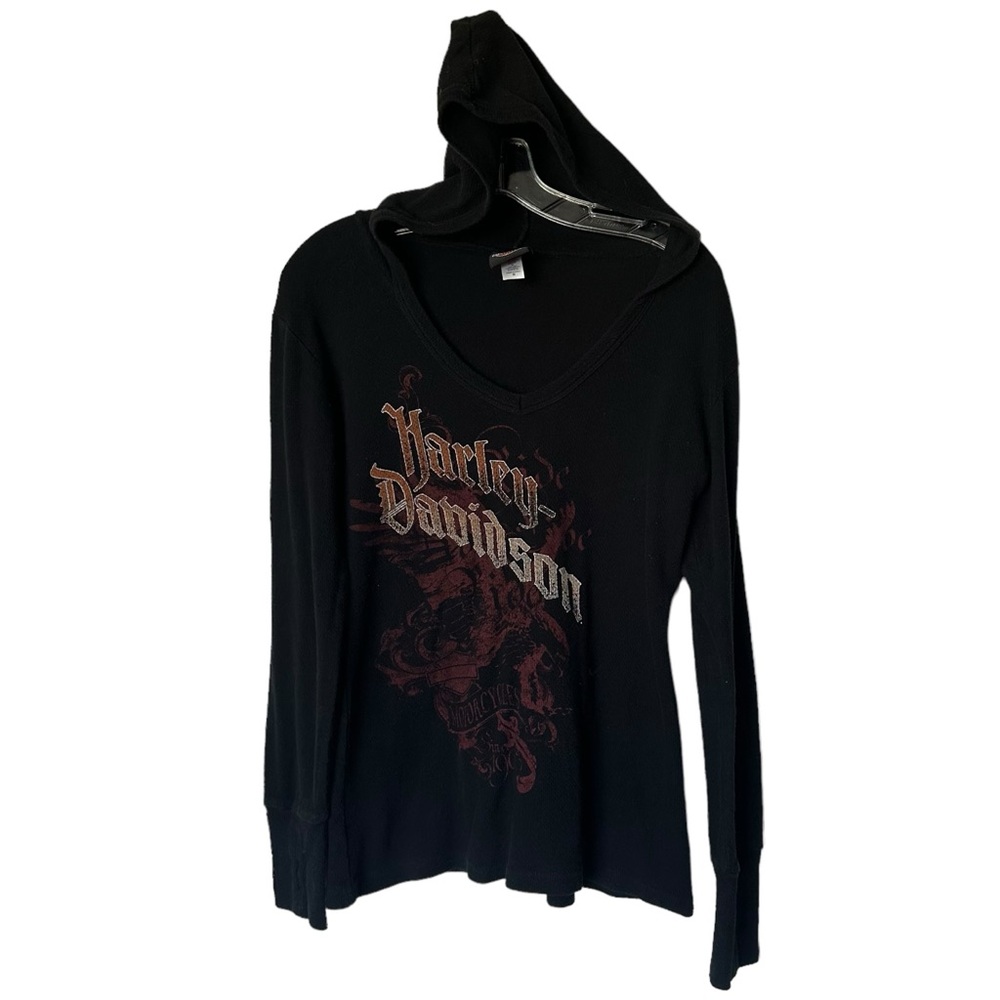Harley Davidson Black Red Spellout Hoodie Shirt Medium